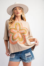 Flower Patch Slub Top-Shirts & Tops-Easel-Khaki-Small-Inspired Wings Fashion