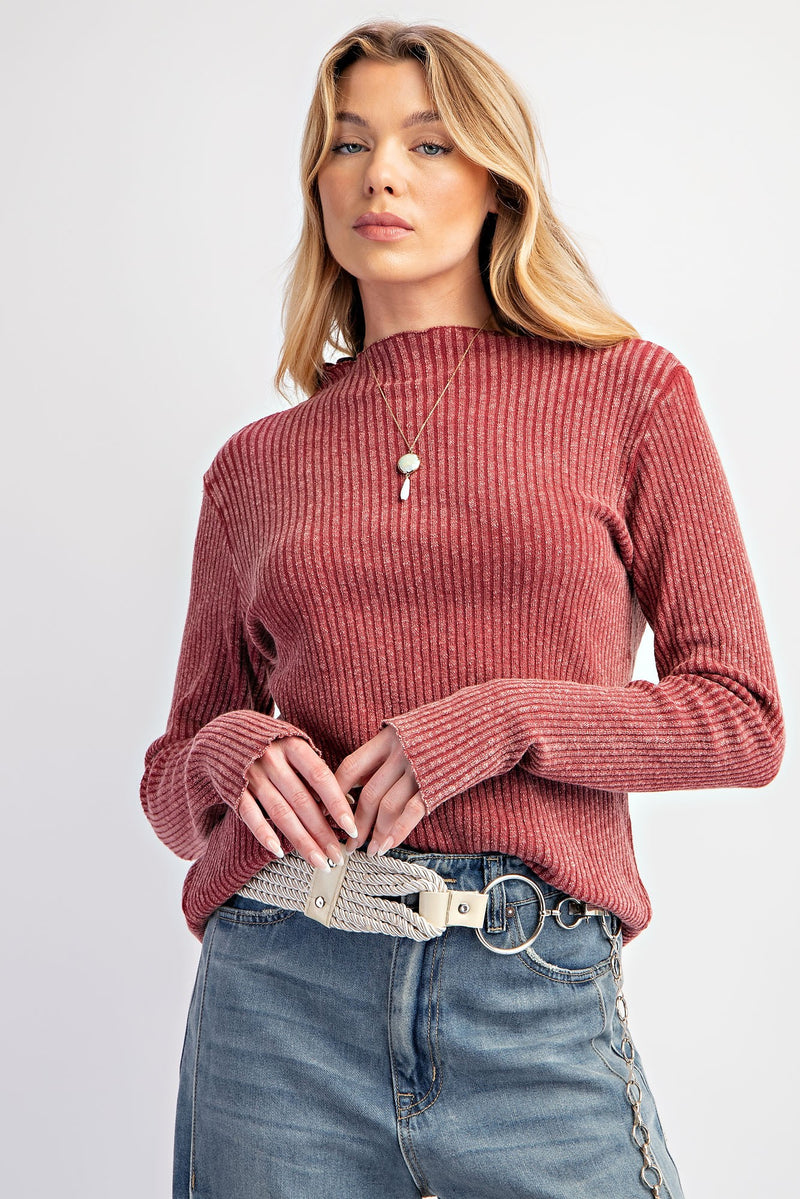 Fitted Rib Knit Top-Shirts & Tops-Easel-Burgundy-Small-Inspired Wings Fashion