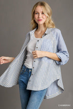 Mixed Stripe Button Down Top-Shirts & Tops-Umgee-Chambray-Small-Inspired Wings Fashion