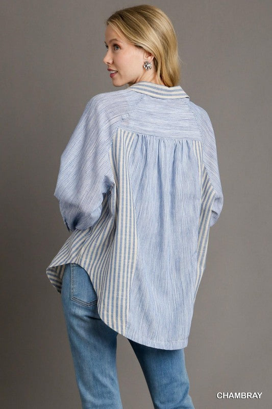 Mixed Stripe Button Down Top-Shirts & Tops-Umgee-Chambray-Small-Inspired Wings Fashion