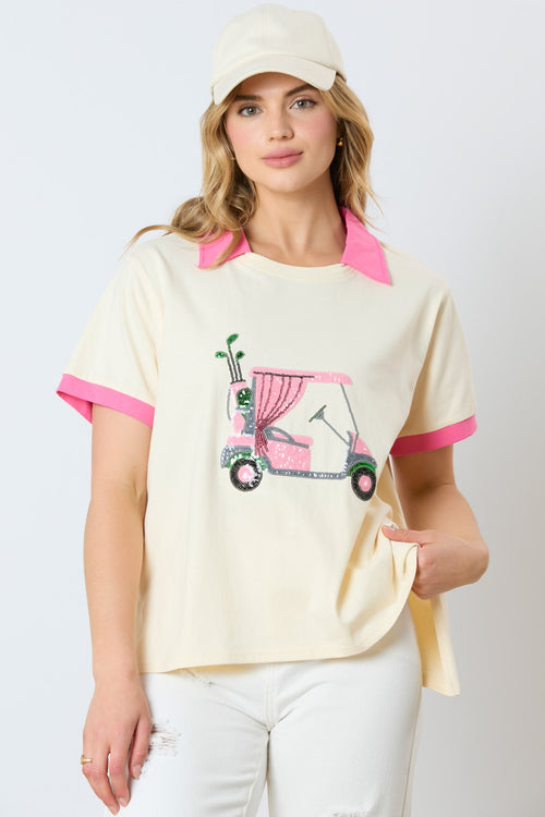 Pink Golf Cart Sequins Top-Shirts & Tops-Fantastic Fawn-Cream-Small-Inspired Wings Fashion