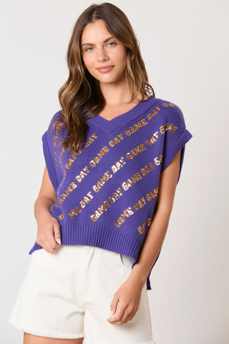 Game Day Sequins Embroidery V-Neck Sweater Vest-Clothing-Peach Love California-Purple-Small-Inspired Wings Fashion