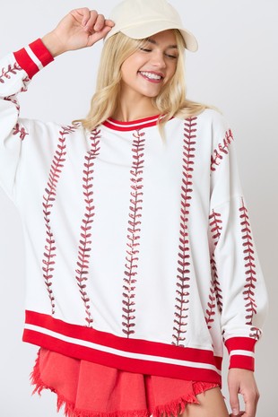 Cotton Terry Baseball Embroidery Long Sleeve Shirt-Sweatshirt-Peach Love California-Red/White-Small-Inspired Wings Fashion