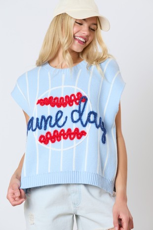 Game Day & Baseball Embroidery Vest-Sweatshirt-Peach Love California-Light Blue-Small-Inspired Wings Fashion