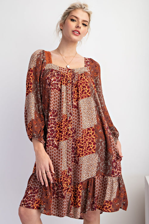 Patchwork Rayon Dress-Dress-Easel-Mocha-Small-Inspired Wings Fashion