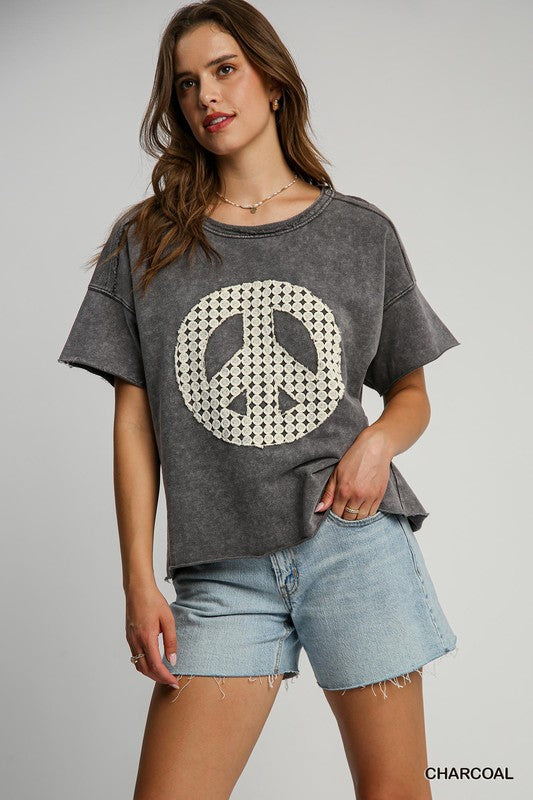 Lace Applique Peace Top-Shirts & Tops-Umgee-Charcoal-Small-Inspired Wings Fashion