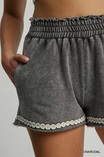 Lace Applique Peace Shorts-Shorts-Umgee-Charcoal-Small-Inspired Wings Fashion