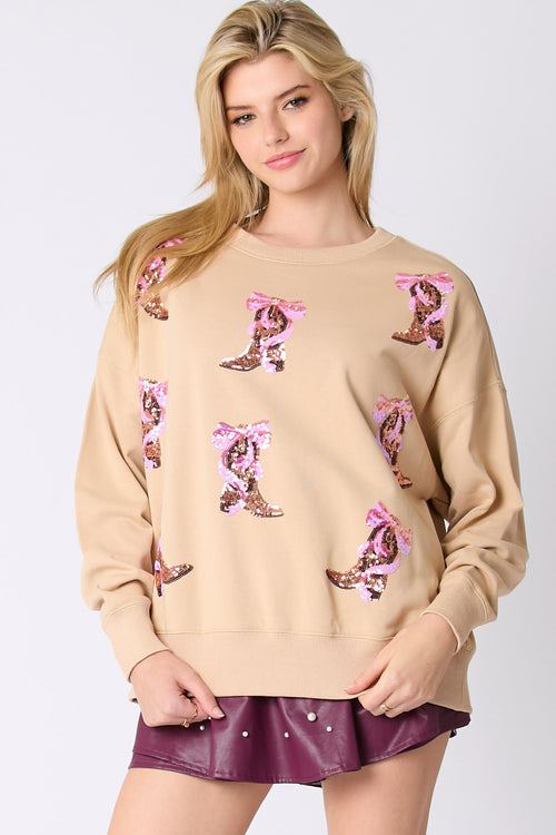 Cotton Terry Ribbon & Boots Sweater-Sweatshirt-Peach Love California-Beige-Small-Inspired Wings Fashion