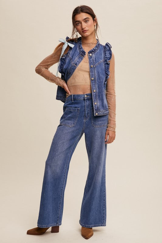 Ruffled Denim Vest-Vests-Listicle Clothing-Denim-XS-Inspired Wings Fashion