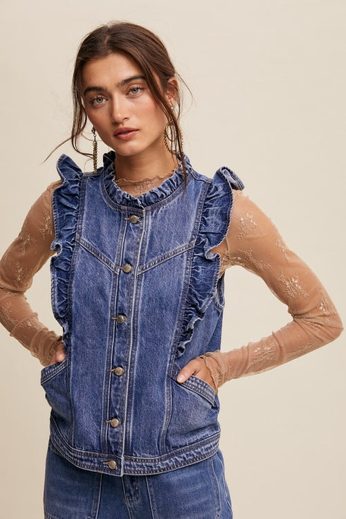 Ruffled Denim Vest-Vests-Listicle Clothing-Denim-XS-Inspired Wings Fashion