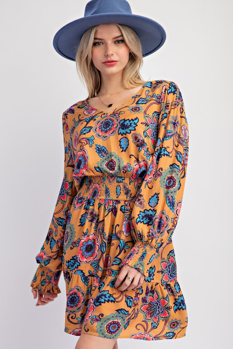 Floral Print Challis Woven Dress-Dress-Easel-Mustard-Small-Inspired Wings Fashion