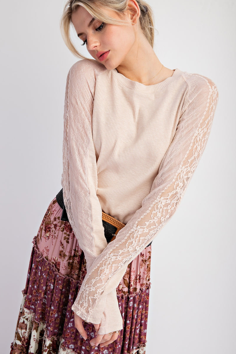 Rib Knit Lace Top-Shirts & Tops-Easel-Black-Small-Inspired Wings Fashion