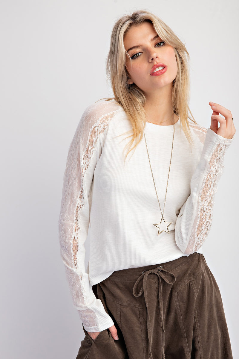 Rib Knit Lace Top-Shirts & Tops-Easel-Off White-Small-Inspired Wings Fashion