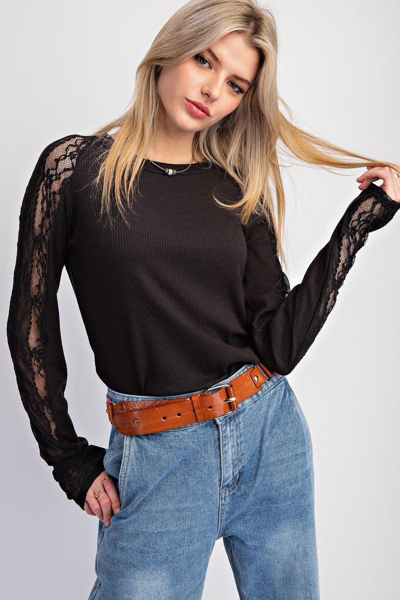 Rib Knit Lace Top-Shirts & Tops-Easel-Black-Small-Inspired Wings Fashion