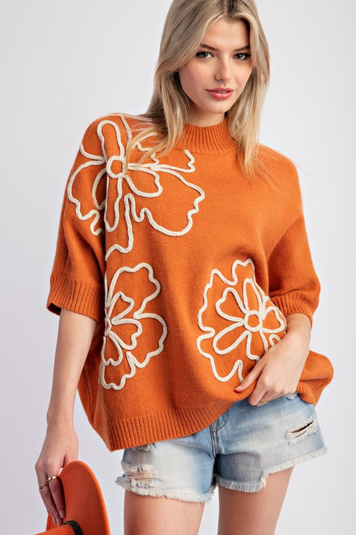 Flower Print Knitted Sweater-Sweaters-Easel-Rust-Small-Inspired Wings Fashion