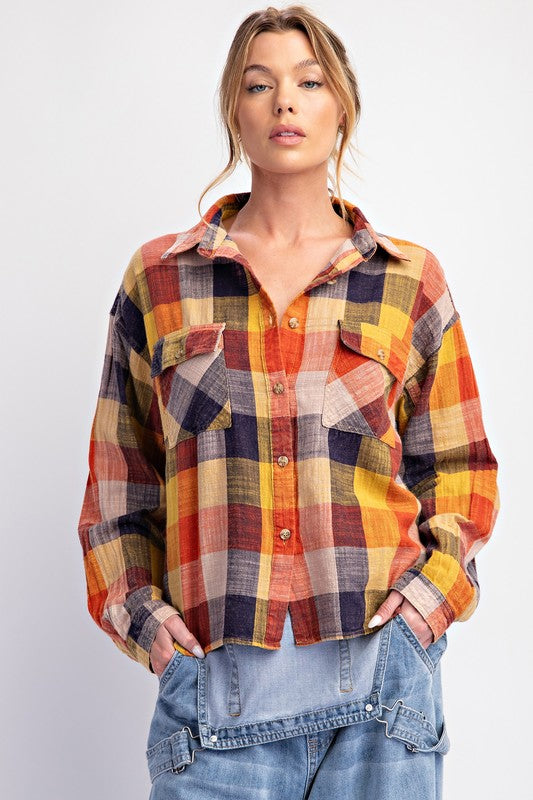 Washed Plaid Shirt-Shirts & Tops-Easel-Pumpkin/Navy-Small-Inspired Wings Fashion