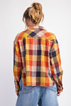 Washed Plaid Shirt-Shirts & Tops-Easel-Pumpkin/Navy-Small-Inspired Wings Fashion