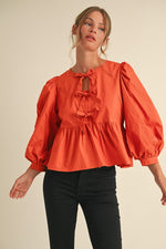 Bow Ties Peplum Top-Shirts & Tops-Jodifl-Rust-Small-Inspired Wings Fashion