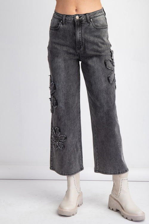 Flower Patch Denim Pants-Jeans-Easel-Black Denim-Small-Inspired Wings Fashion