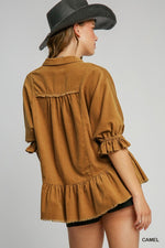 Corduroy Half Button Down Top-Shirts & Tops-Umgee-Camel-Small-Inspired Wings Fashion