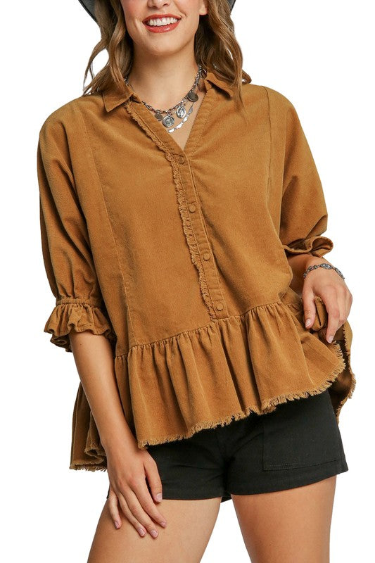 Corduroy Half Button Down Top-Shirts & Tops-Umgee-Camel-Small-Inspired Wings Fashion