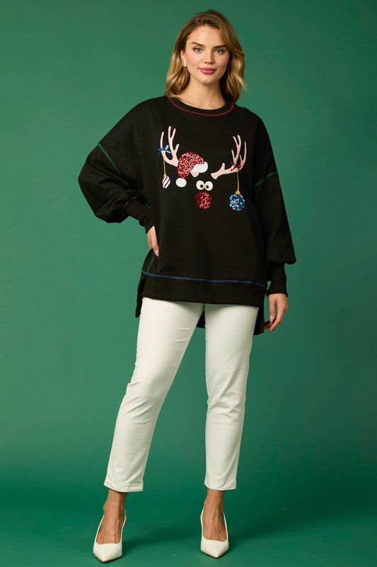 Sequin Rudolph Sweatshirt-Sweatshirt-Fantastic Fawn-Black-Small-Inspired Wings Fashion