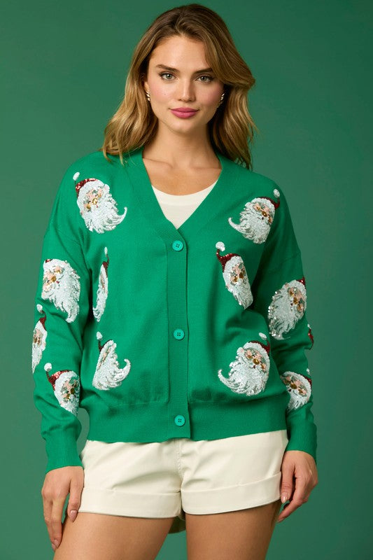 Sequin Santa Button Up Cardigan-Cardigans-Fantastic Fawn-Green-Small-Inspired Wings Fashion