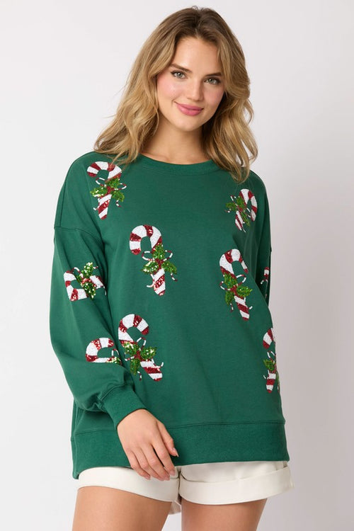 Sequin Candy Cane Pullover-Shirts & Tops-Fantastic Fawn-Hunter Green-Small-Inspired Wings Fashion