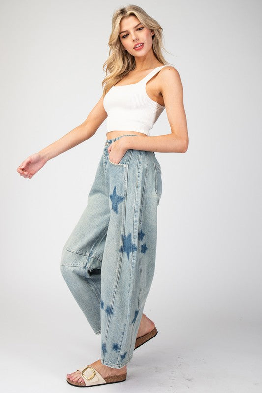 Star Print Barrel Jeans-Jeans-ee:some-Denim-Small-Inspired Wings Fashion