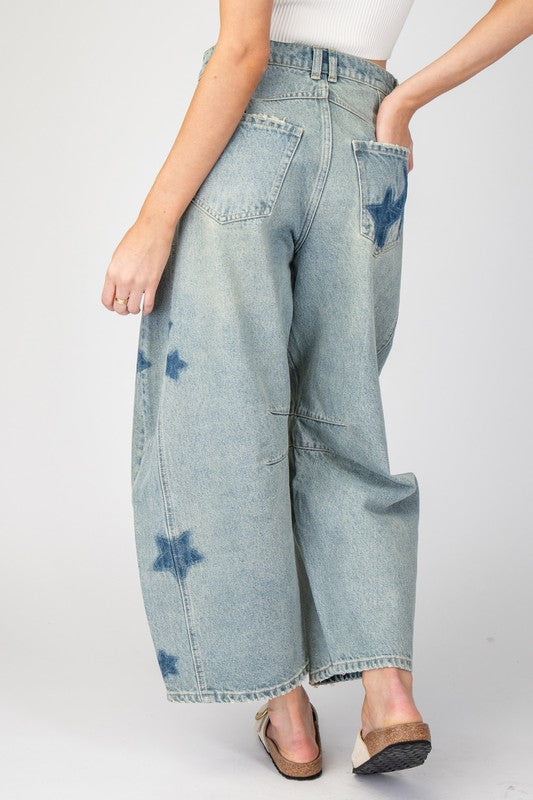 Star Print Barrel Jeans-Jeans-ee:some-Denim-Small-Inspired Wings Fashion