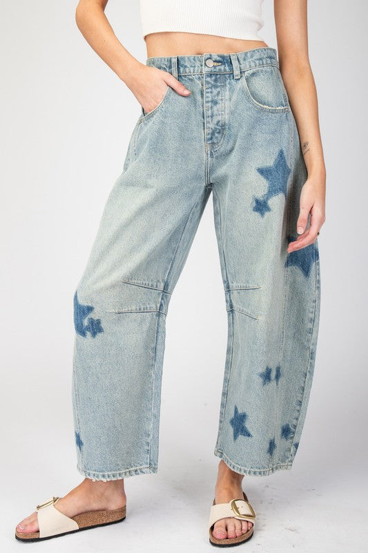 Star Print Barrel Jeans-Jeans-ee:some-Denim-Small-Inspired Wings Fashion