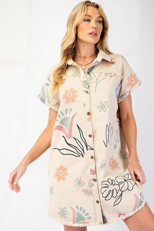 Floral Twill Shirt Dress-Dress-Easel-Khaki-Small-Inspired Wings Fashion