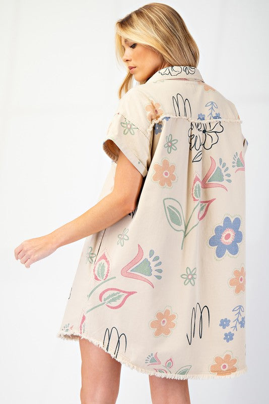 Floral Twill Shirt Dress-Dress-Easel-Khaki-Small-Inspired Wings Fashion