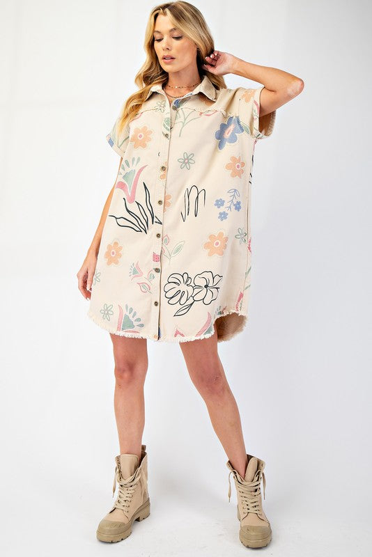 Floral Twill Shirt Dress-Dress-Easel-Khaki-Small-Inspired Wings Fashion