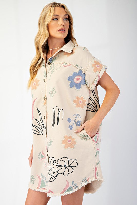 Floral Twill Shirt Dress-Dress-Easel-Khaki-Small-Inspired Wings Fashion