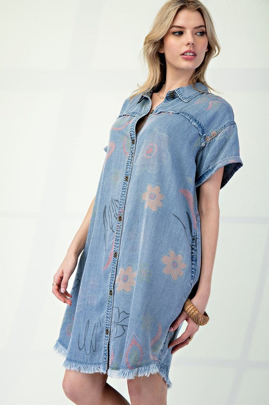 Denim Floral Shirt Dress-Dress-Easel-LT Denim-Small-Inspired Wings Fashion