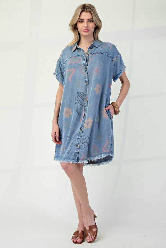 Denim Floral Shirt Dress-Dress-Easel-LT Denim-Small-Inspired Wings Fashion