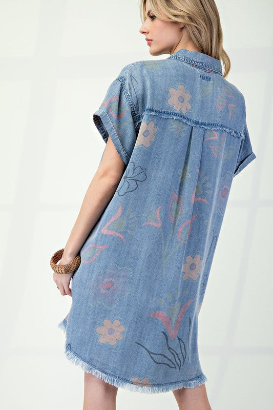 Denim Floral Shirt Dress-Dress-Easel-LT Denim-Small-Inspired Wings Fashion
