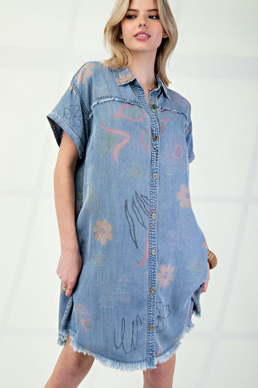 Denim Floral Shirt Dress-Dress-Easel-LT Denim-Small-Inspired Wings Fashion