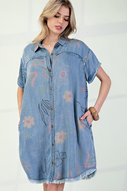 Denim Floral Shirt Dress-Dress-Easel-LT Denim-Small-Inspired Wings Fashion
