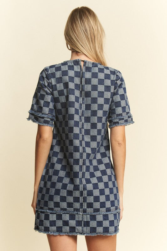 Checkered Denim Mini Dress-Dress-Jade by Jane-Denim-Small-Inspired Wings Fashion