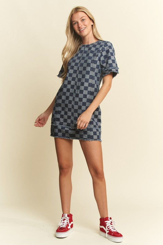 Checkered Denim Mini Dress-Dress-Jade by Jane-Denim-Small-Inspired Wings Fashion