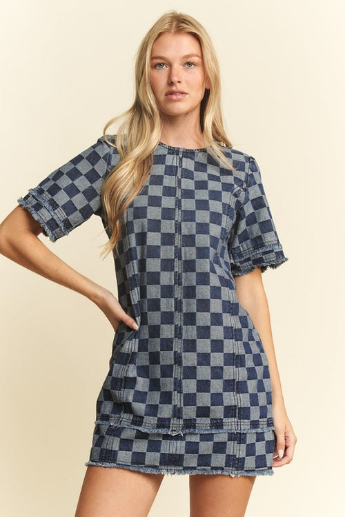 Checkered Denim Mini Dress-Dress-Jade by Jane-Denim-Small-Inspired Wings Fashion