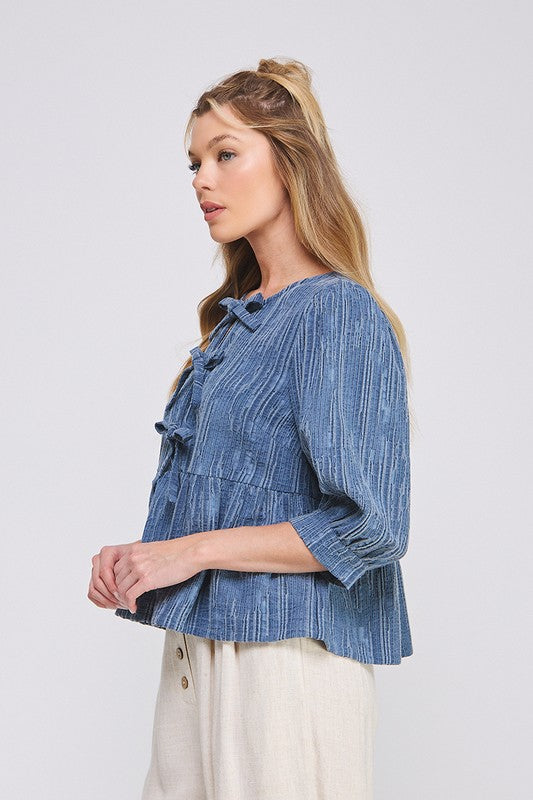 Textured Bow Top-Shirts & Tops-Allie Rose-Denim-Small-Inspired Wings Fashion