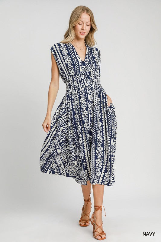 Mixed Print Midi Dress-Dress-Umgee-Navy-Small-Inspired Wings Fashion