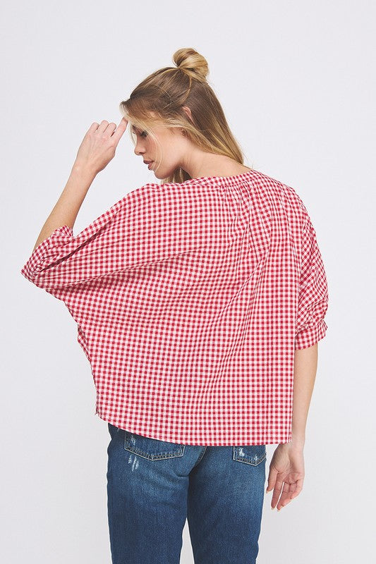 Gingham Dolman Sleeve Top-Shirts & Tops-Allie Rose-Red-Small-Inspired Wings Fashion