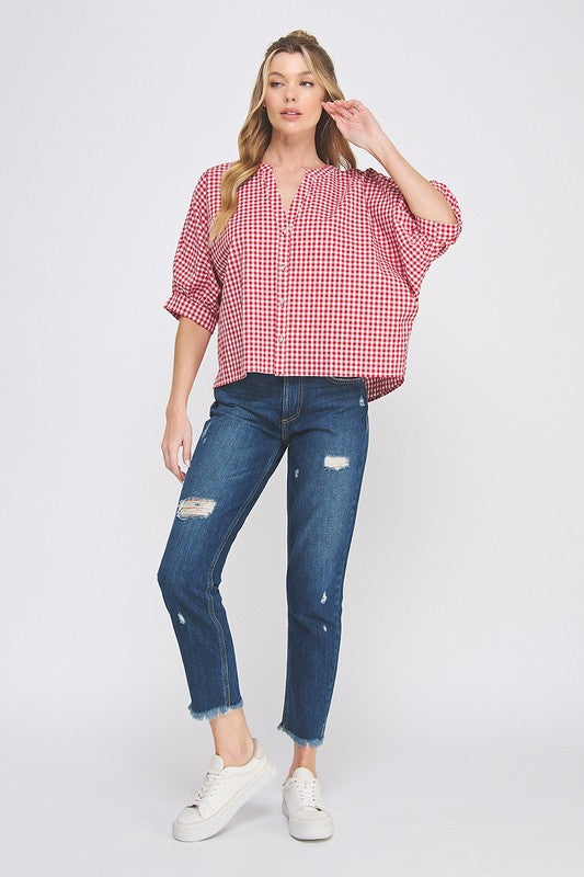 Gingham Dolman Sleeve Top-Shirts & Tops-Allie Rose-Red-Small-Inspired Wings Fashion