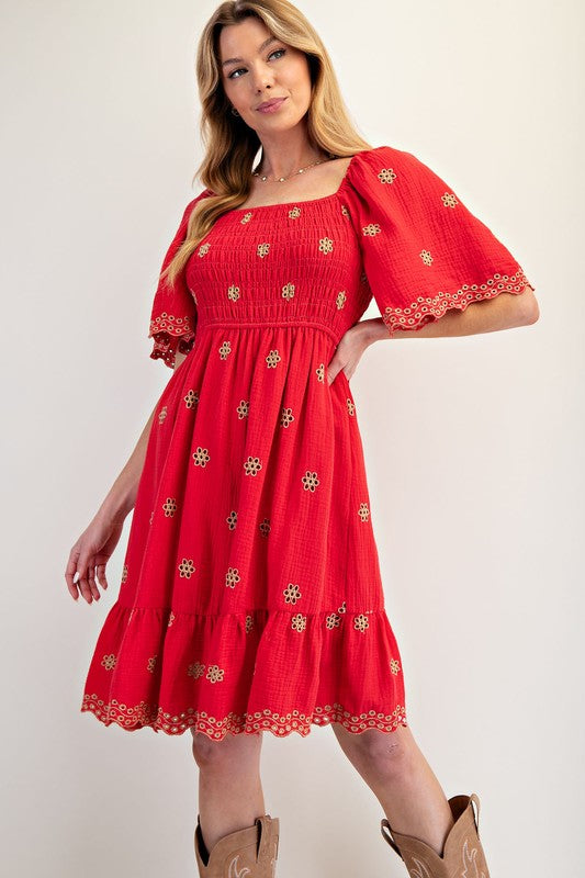 Embroidered Gauze Dress-Dress-Easel-Boho Red-Small-Inspired Wings Fashion
