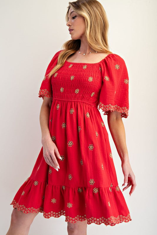 Embroidered Gauze Dress-Dress-Easel-Boho Red-Small-Inspired Wings Fashion