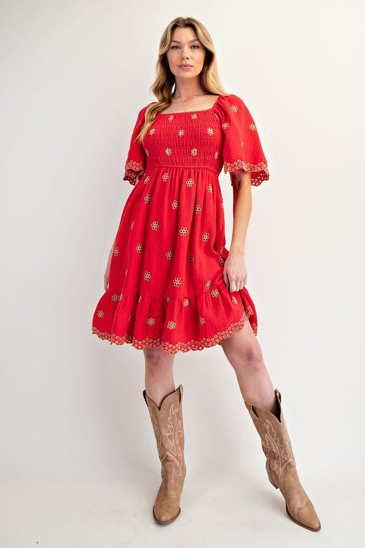 Embroidered Gauze Dress-Dress-Easel-Boho Red-Small-Inspired Wings Fashion